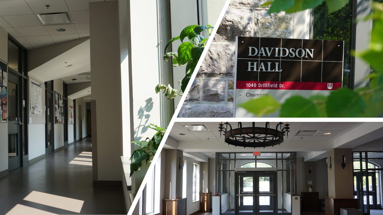 A collage of photos of Davidson Hall, including interior and exterior perspectives