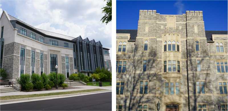 Two buildings are show, each faced with Hokie stone.