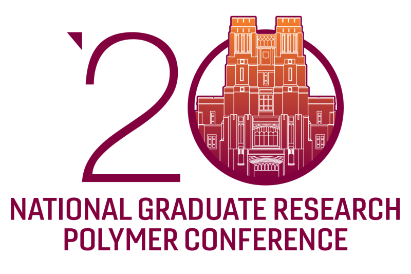 The logo fo the National Graduate Research Polymer Conference. The text is in maroon with a large 2 and 0 on top, standing for 20. Inside the 0 is an orange and maroon graphic version of Burruss Hall.